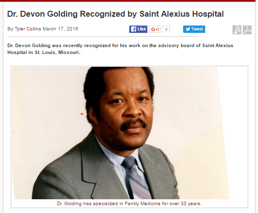 Dr. Devon Golding receives recognition by the Saint Alexius Hospital.